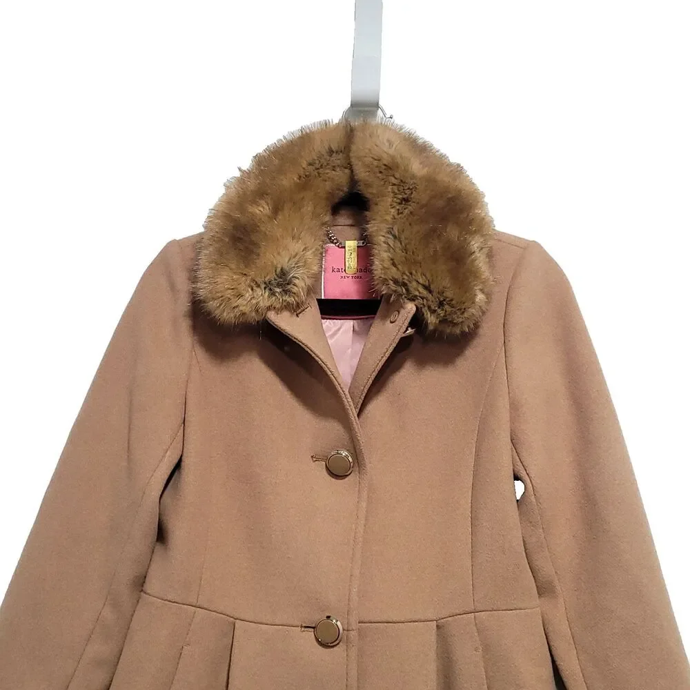 Faux Fur Wool Pea coat Kate Spade‎ XS Tan Pink Satin Lined Preppy mod chic